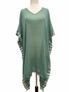 Eileen Fisher Embroidered Fringe Lightweight Green Poncho Size One Size